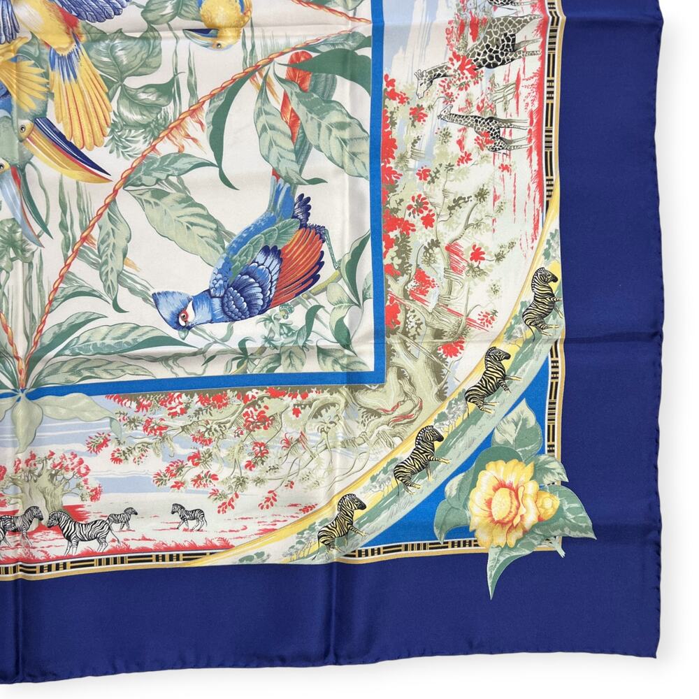Hermes Paris Tropiques 90 Silk Carre Scarf Blue Tropical Bird 35 Square France - Picture 16 of 16